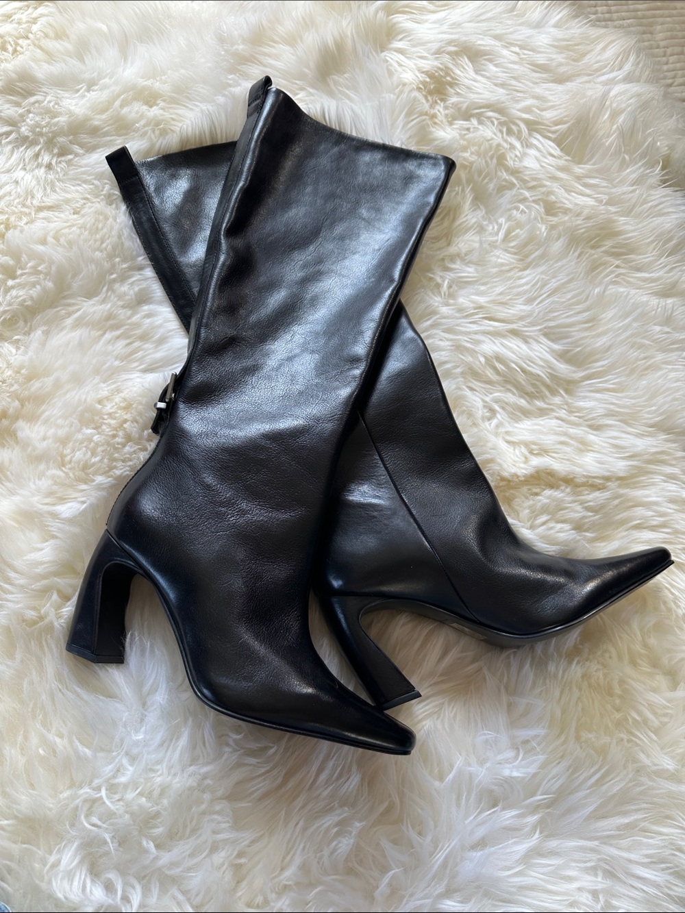Free People Black Leather Knee-High Pointed Toe Block Heel Boots